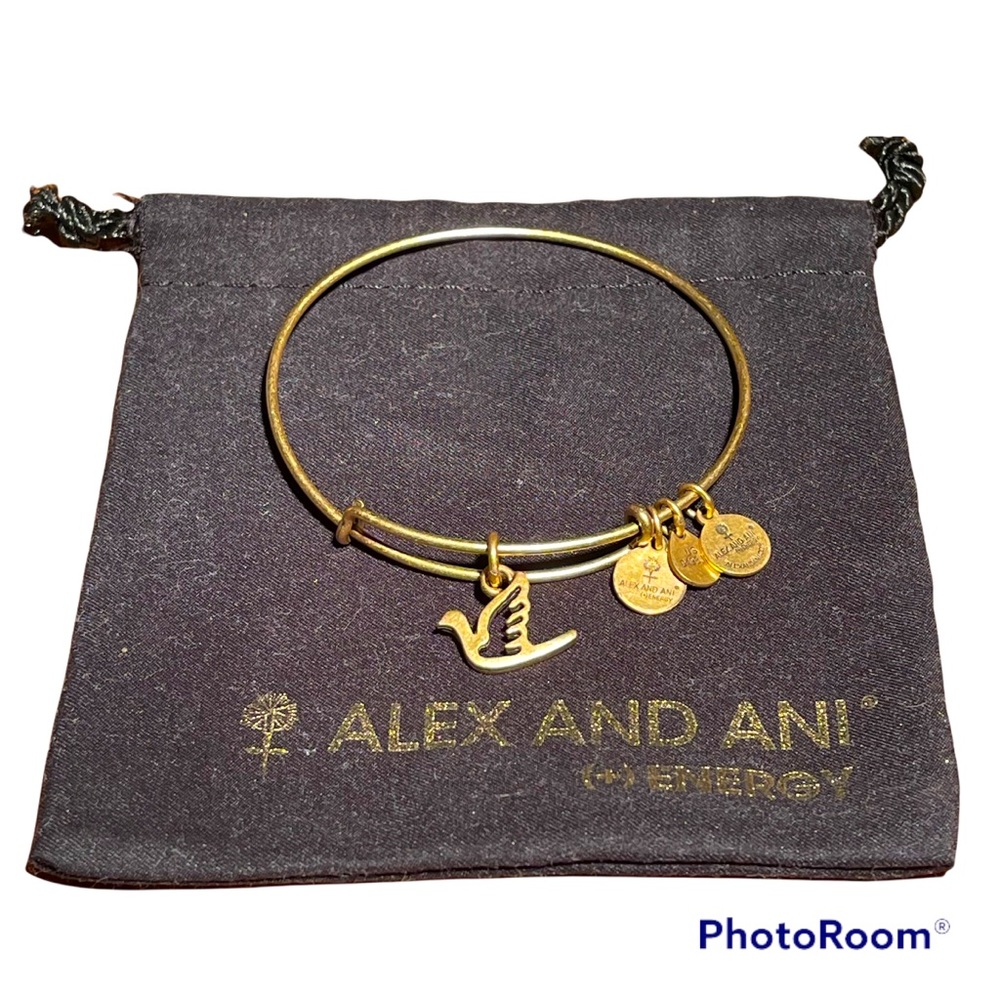 Alex and Ani Sacred Dove Truth Peace Faith Adjustable Wire Bracelet Gold Tone